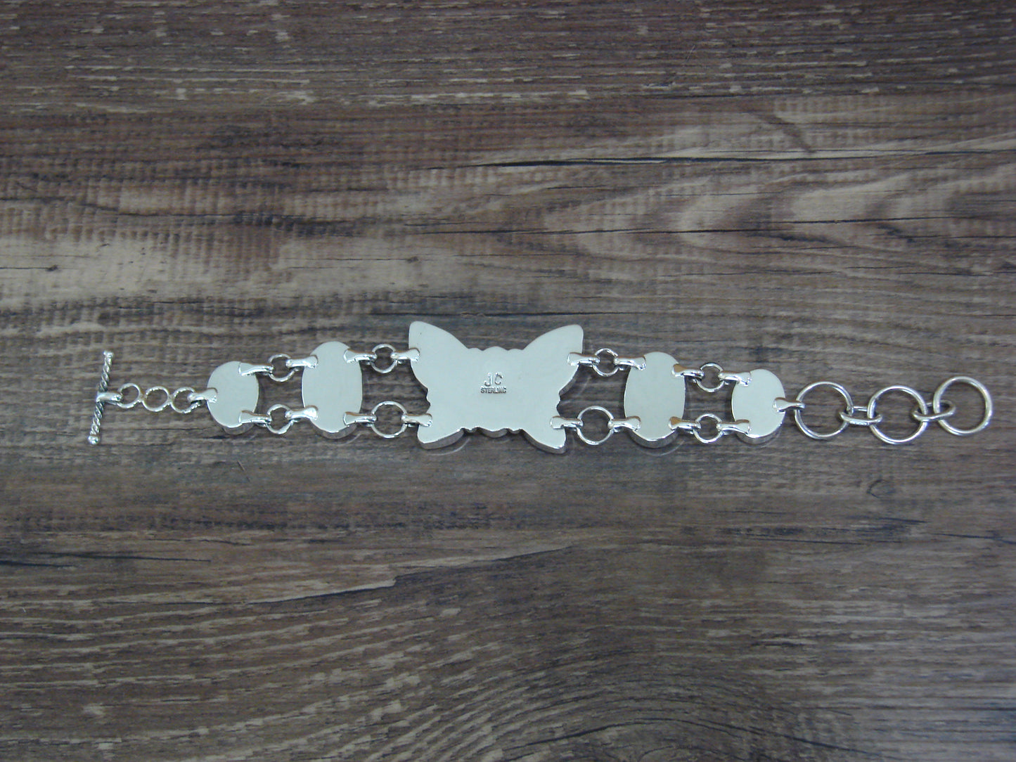 Native American Sterling Silver White Buffalo Turquoise Butterfly Link Bracelet -Cayaditto