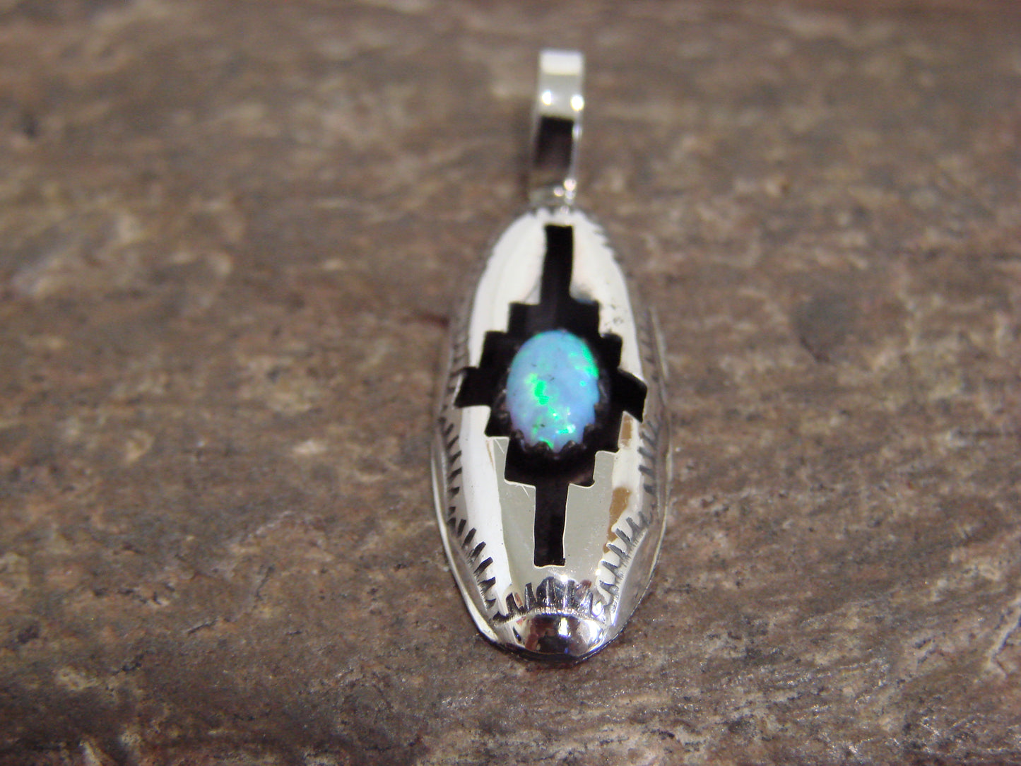 Native American Indian Sterling Silver & Blue Opal Shadow Box Pendant - Perry