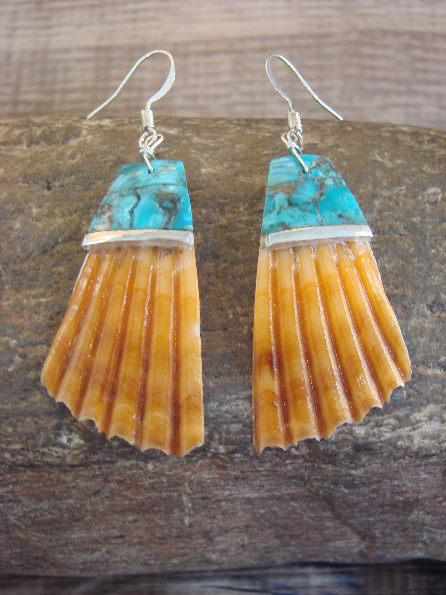 Native American Turquoise Inlay Shell Dangle Earrings - Aguilar