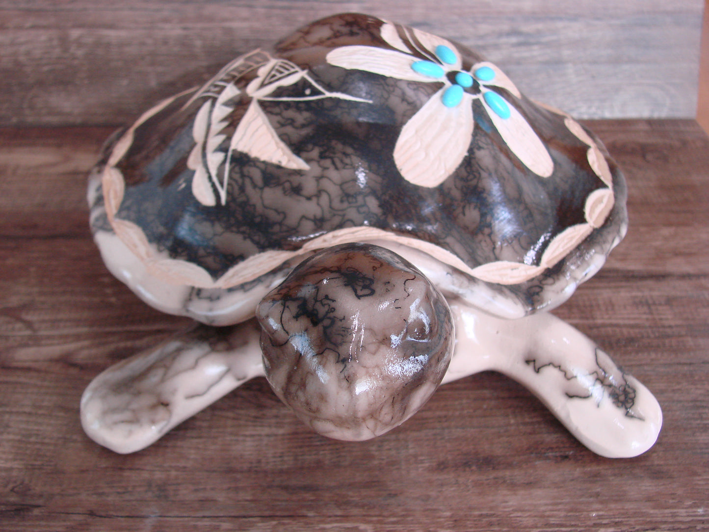 Large Navajo Pottery Horse Hair Turtle Jewelry Trinket Box by Vail