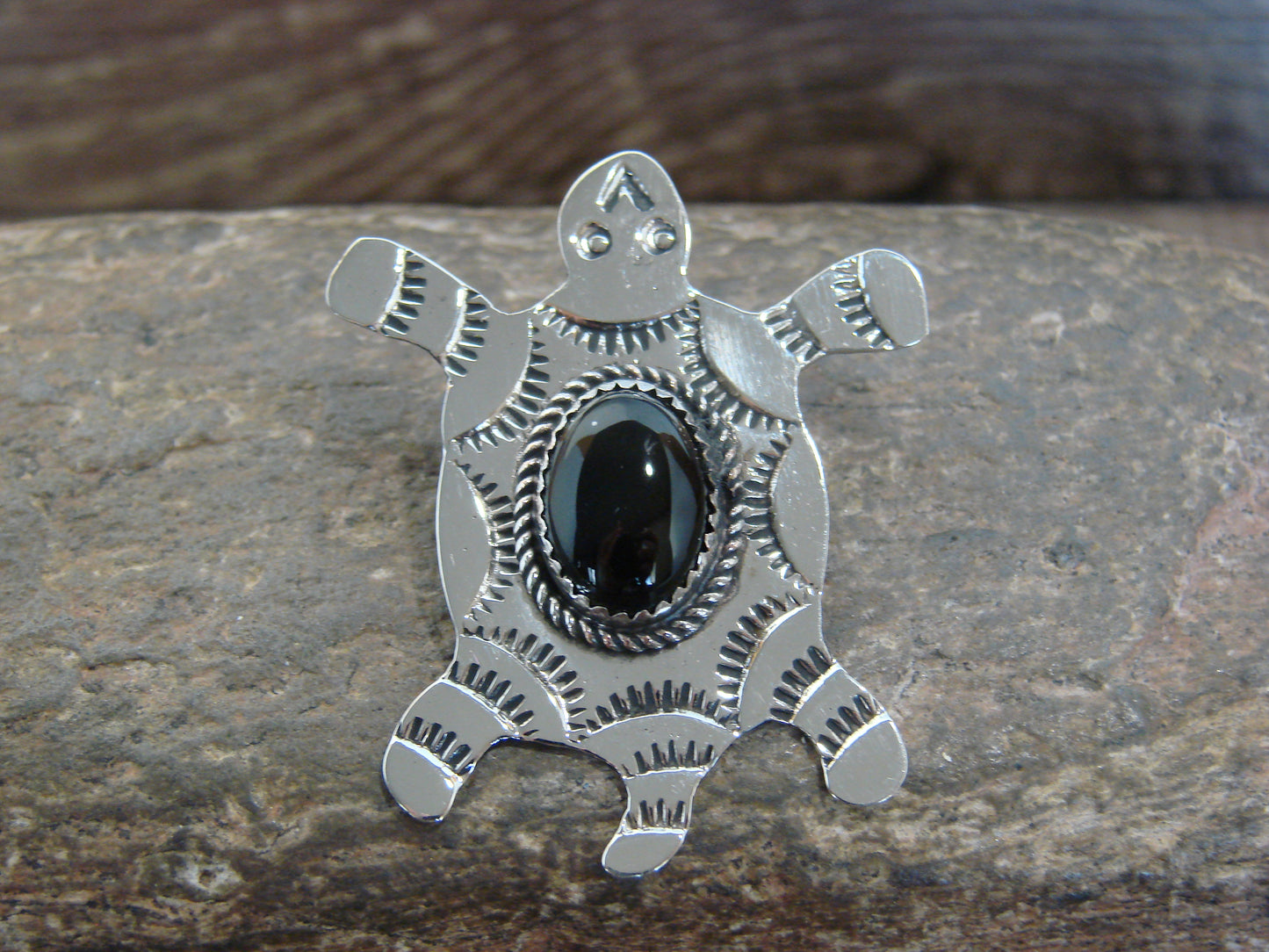 Native American Nickel Silver & Onyx Turtle Pendant - Cleveland