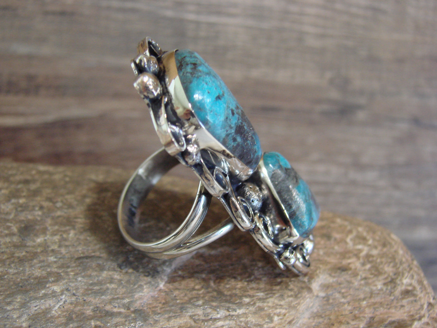 Native American Nickel Silver & Turquoise Ring by Cleveland - Size 10.5
