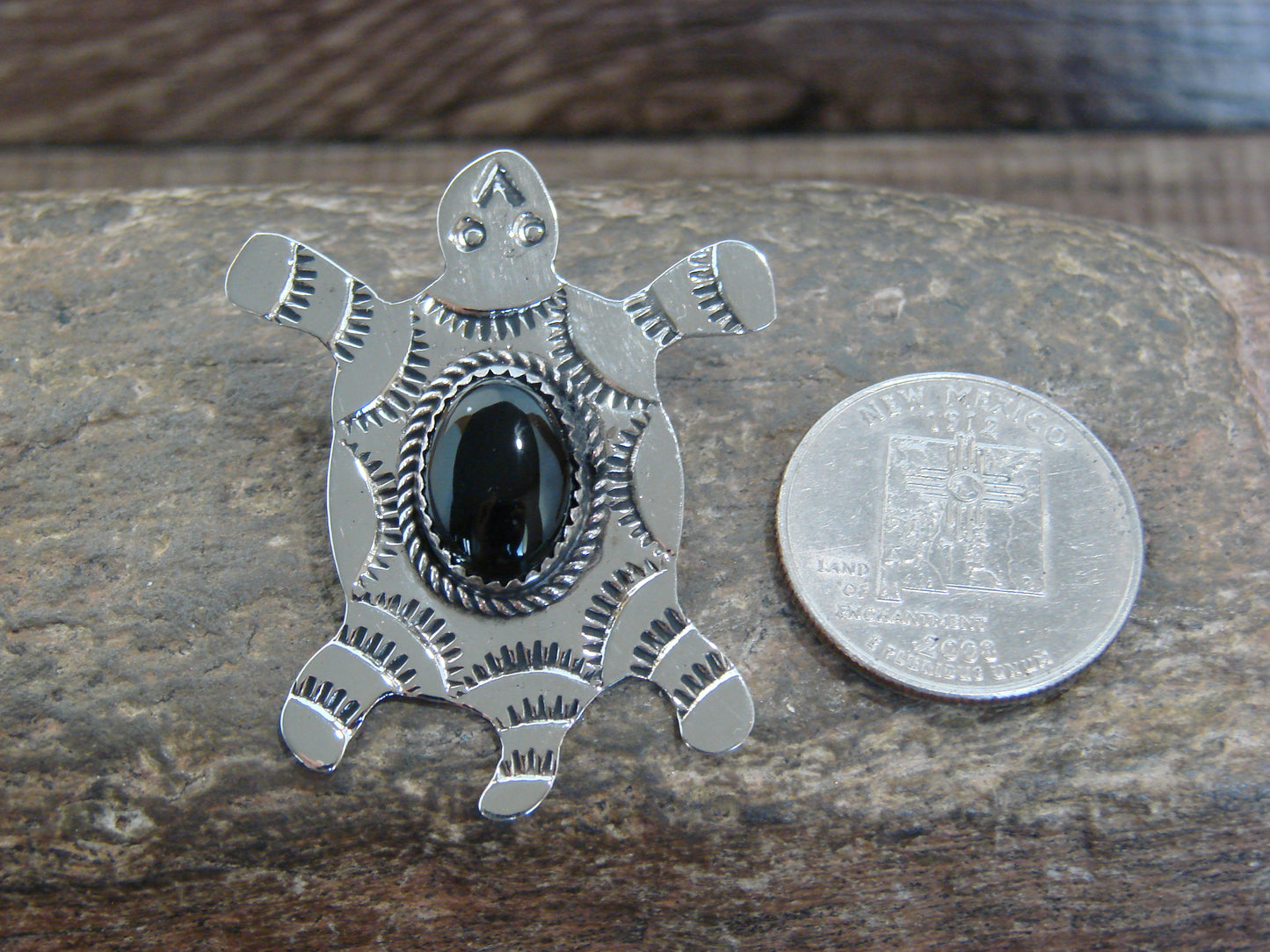 Native American Nickel Silver & Onyx Turtle Pendant - Cleveland
