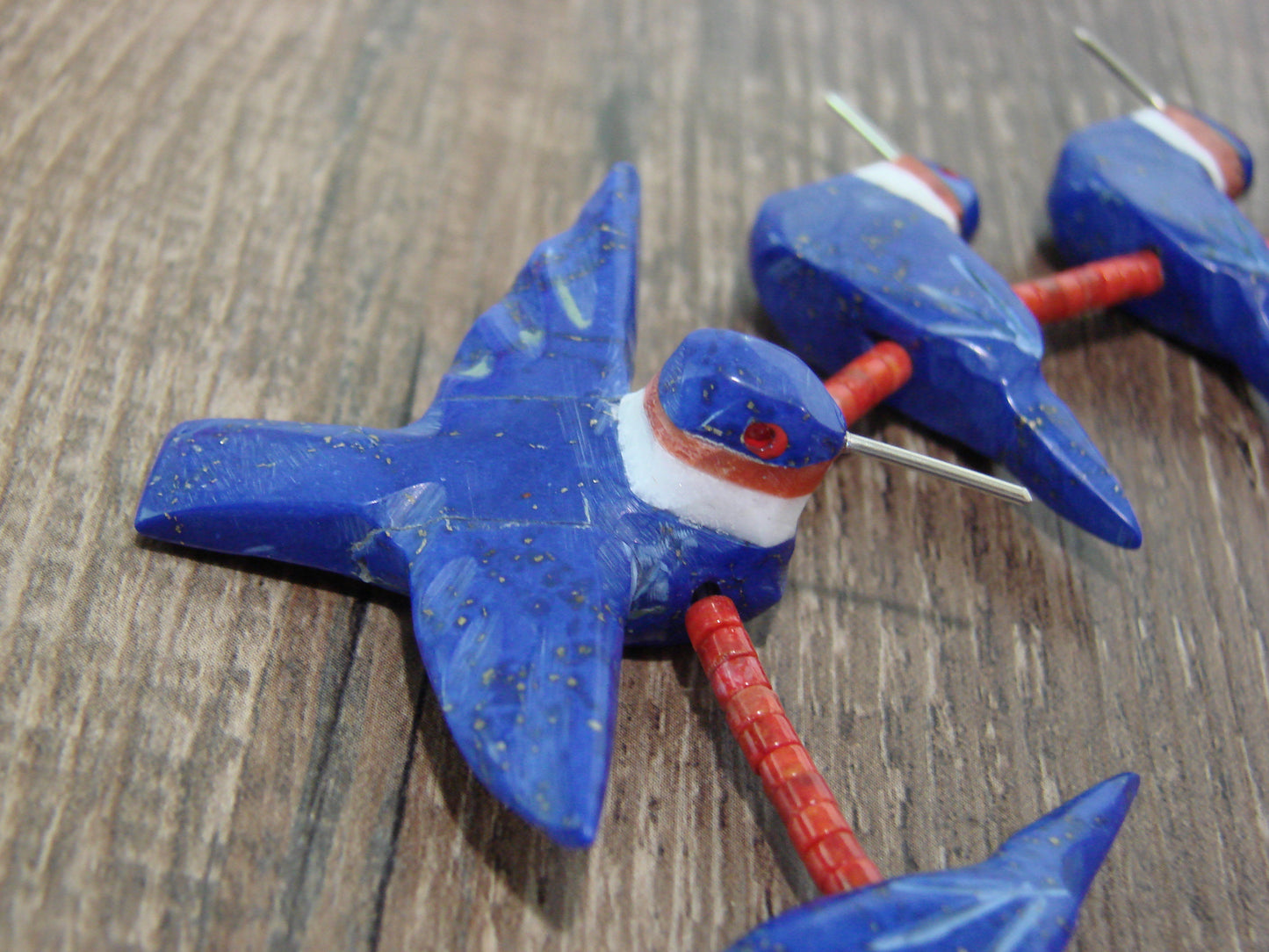 Hand Carved Lapis & Coral Hummingbird Fetish Necklace by Mitchell