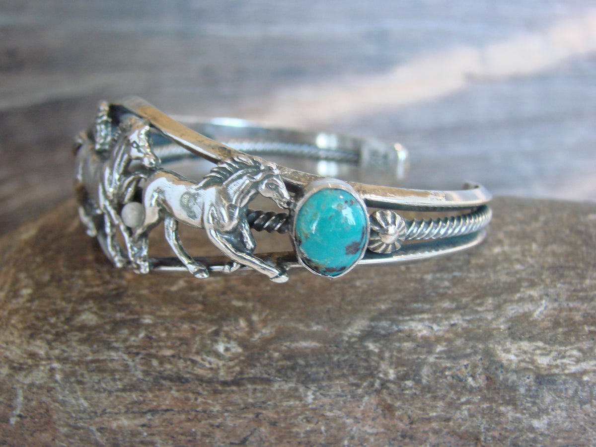 Native American Sterling Silver Turquoise Horse Bracelet by Platero