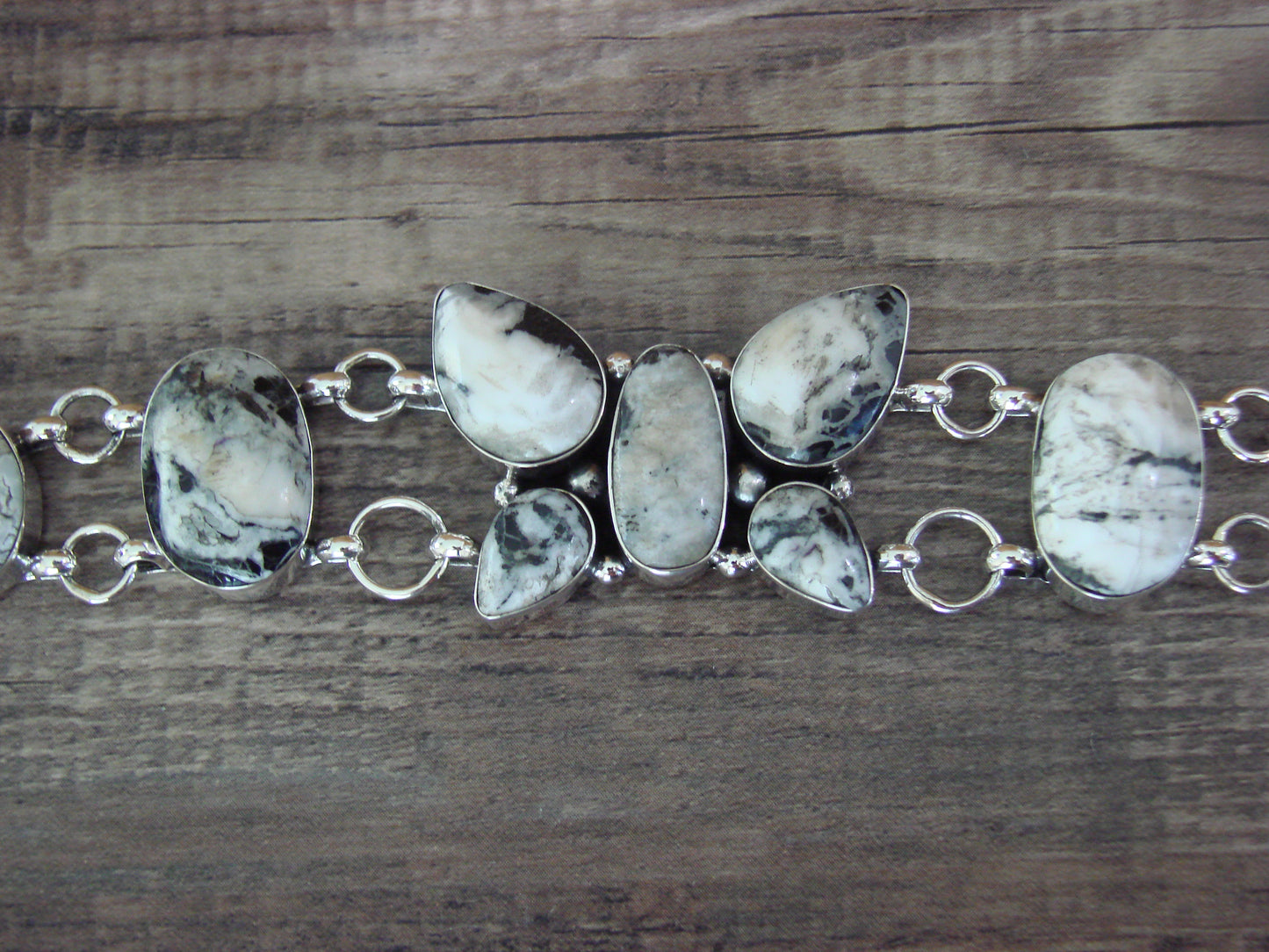Native American Sterling Silver White Buffalo Turquoise Butterfly Link Bracelet -Cayaditto