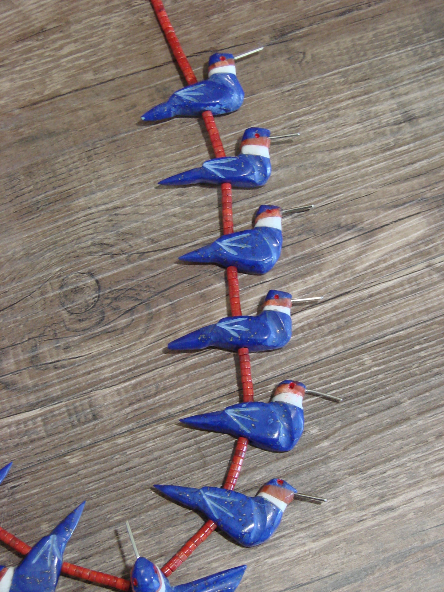 Hand Carved Lapis & Coral Hummingbird Fetish Necklace by Mitchell