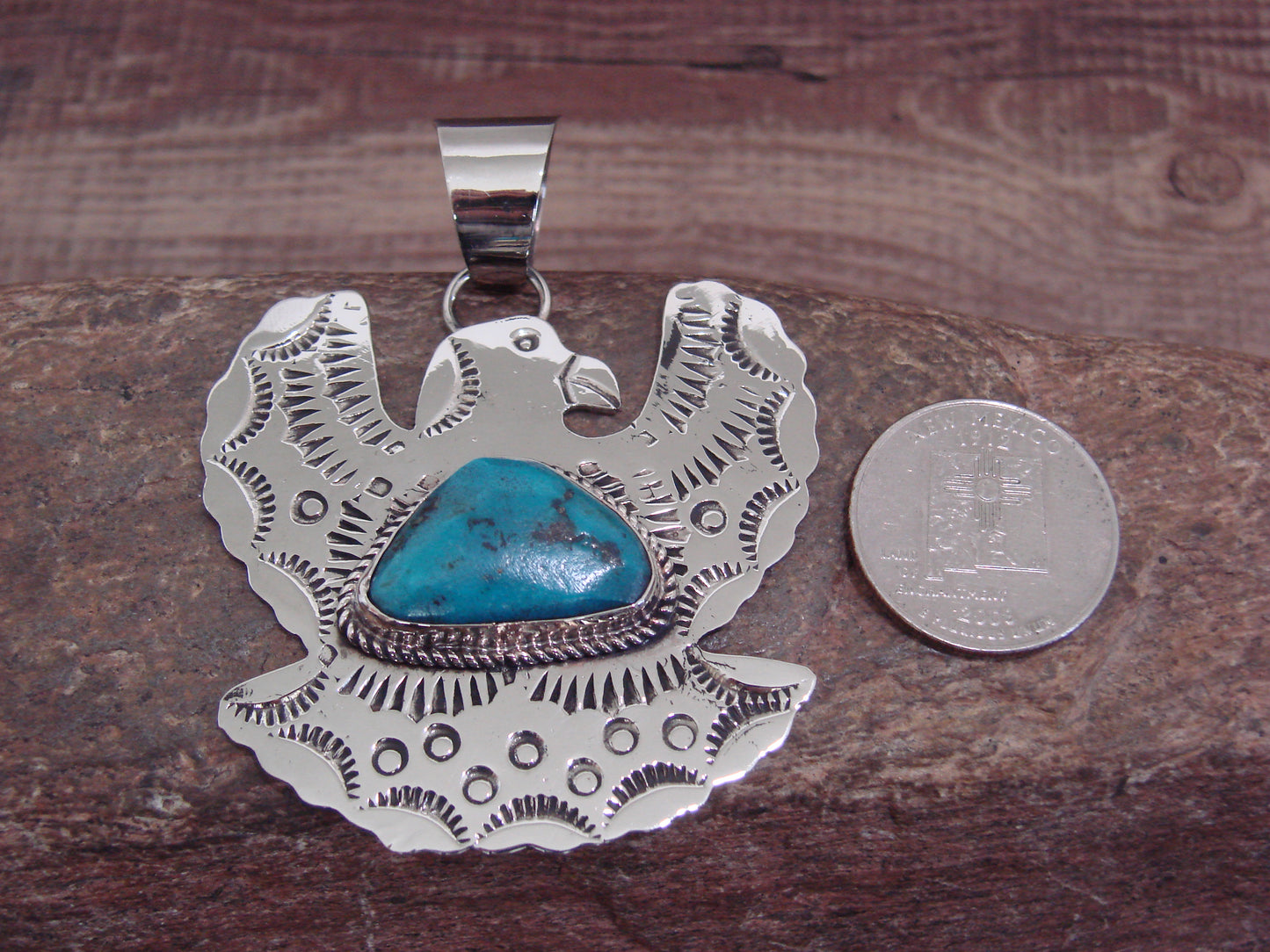 Native American Nickel Silver & Turquoise Eagle Pendant - Cleveland