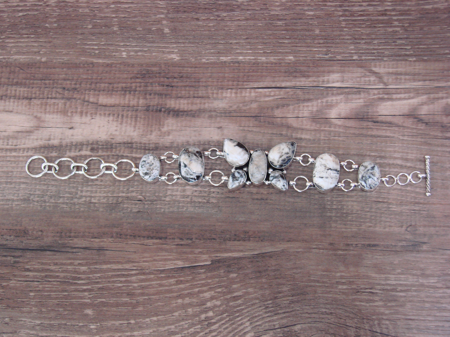 Native American Sterling Silver White Buffalo Turquoise Butterfly Link Bracelet -Cayaditto