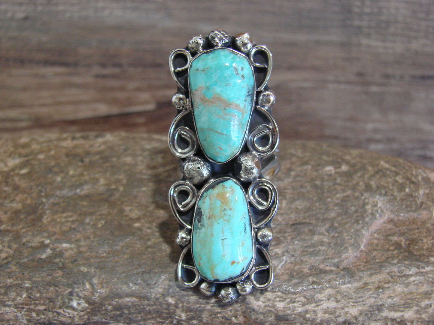 Native American Nickel Silver & Turquoise Ring by Cleveland - Size 8.5