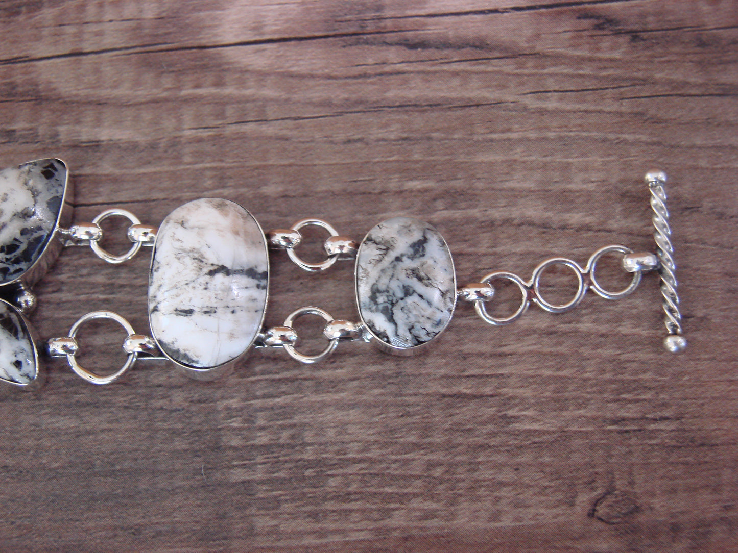 Native American Sterling Silver White Buffalo Turquoise Butterfly Link Bracelet -Cayaditto