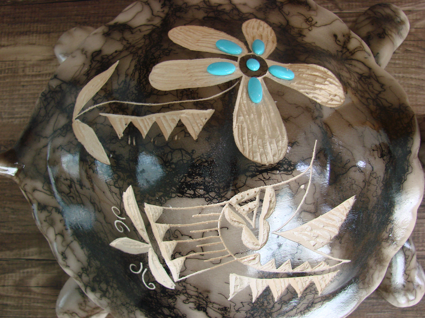 Large Navajo Pottery Horse Hair Turtle Jewelry Trinket Box by Vail