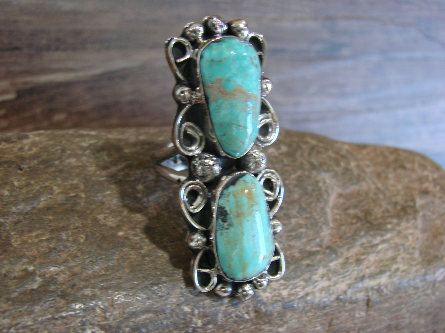 Native American Nickel Silver & Turquoise Ring by Cleveland - Size 8.5