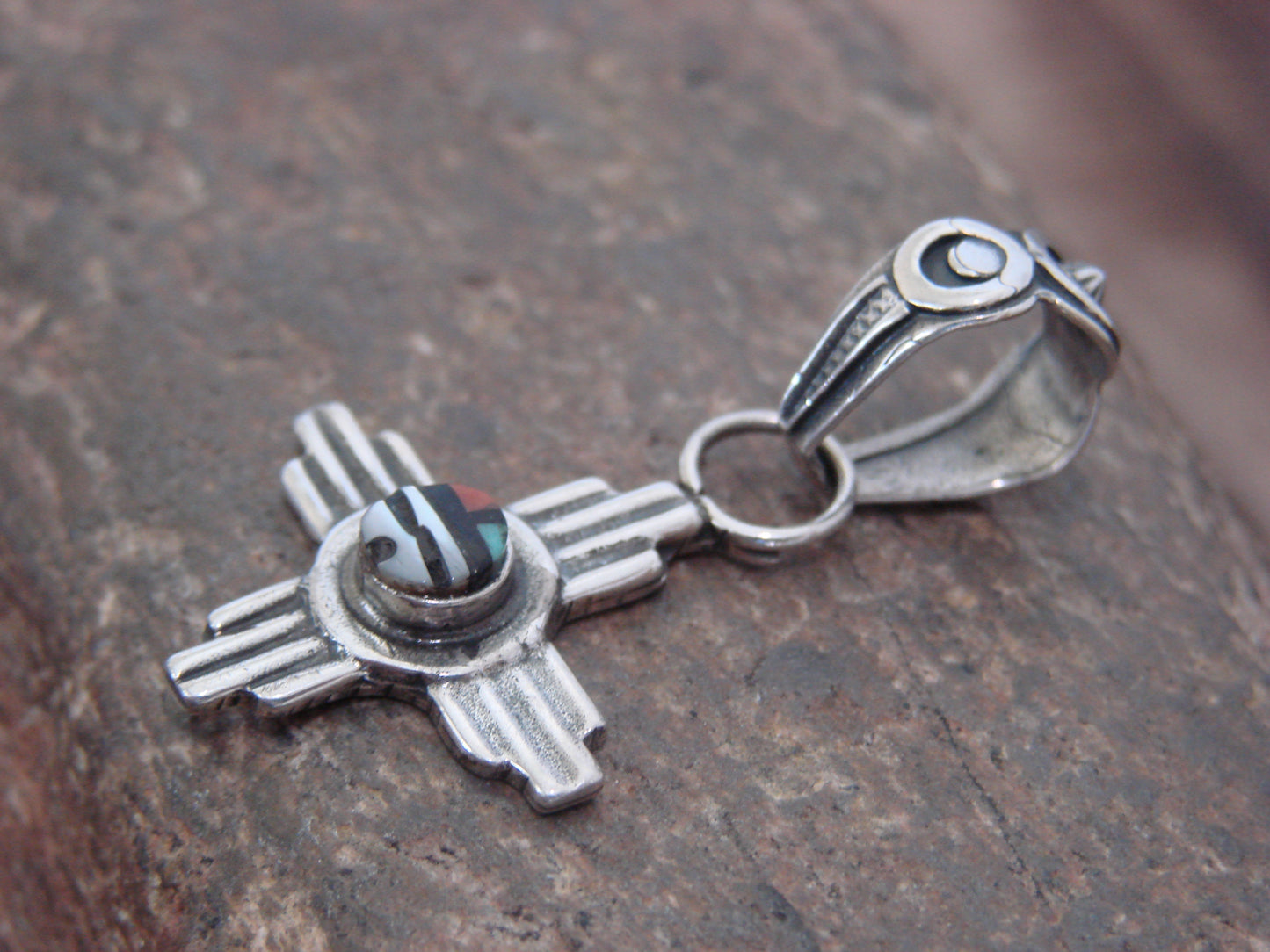 Native American Sterling Silver Zia Symbol & Sunface Inlay Pendant - Kallestewa