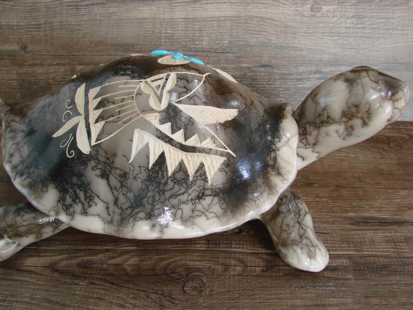 Large Navajo Pottery Horse Hair Turtle Jewelry Trinket Box by Vail