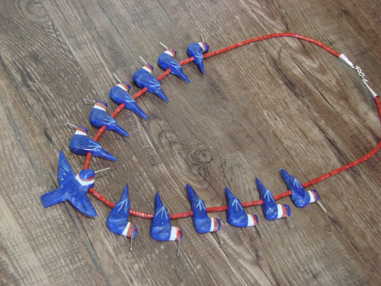 Hand Carved Lapis & Coral Hummingbird Fetish Necklace by Mitchell