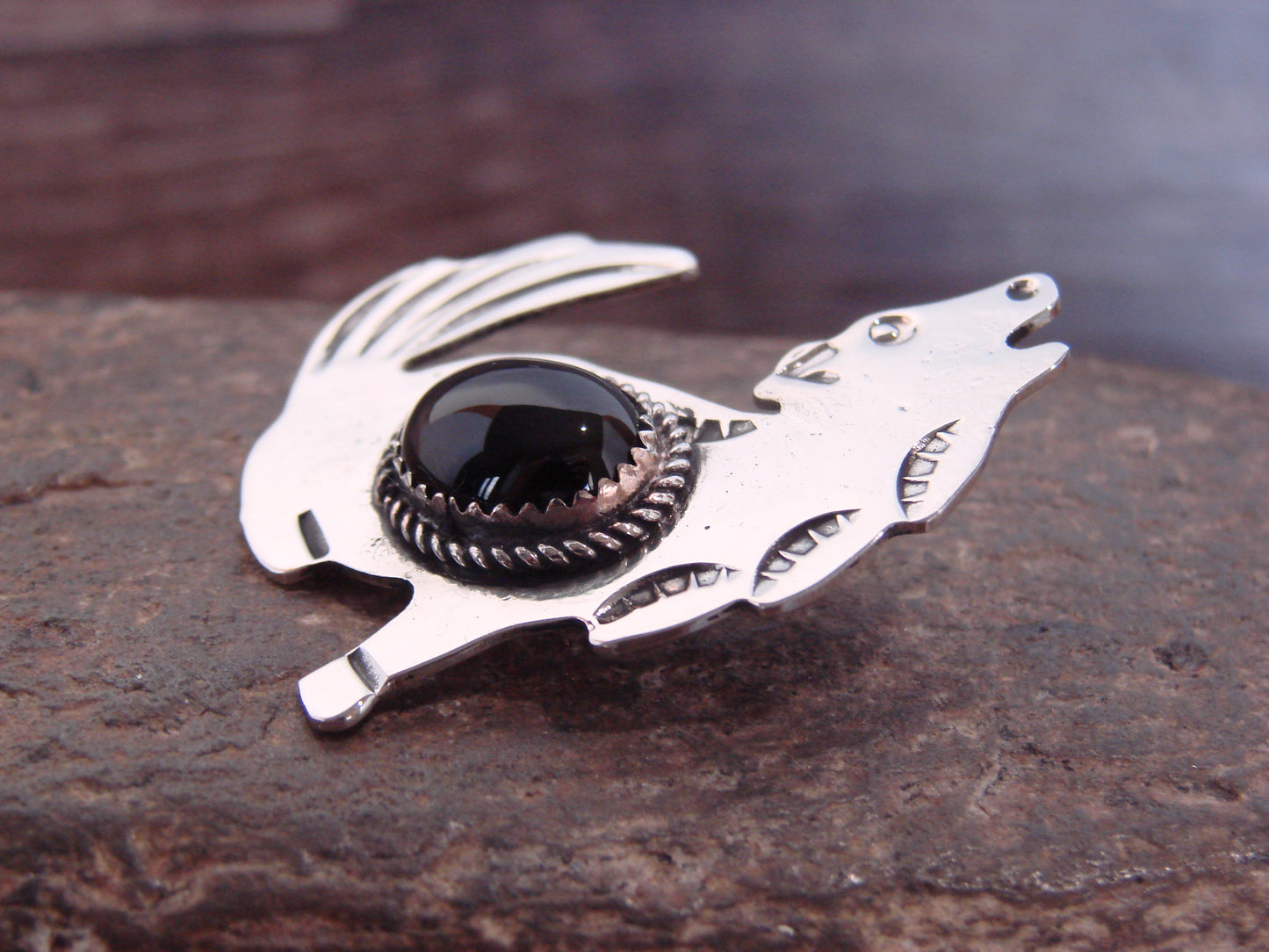 Native American Nickel Silver & Onyx Coyote Pendant - Cleveland