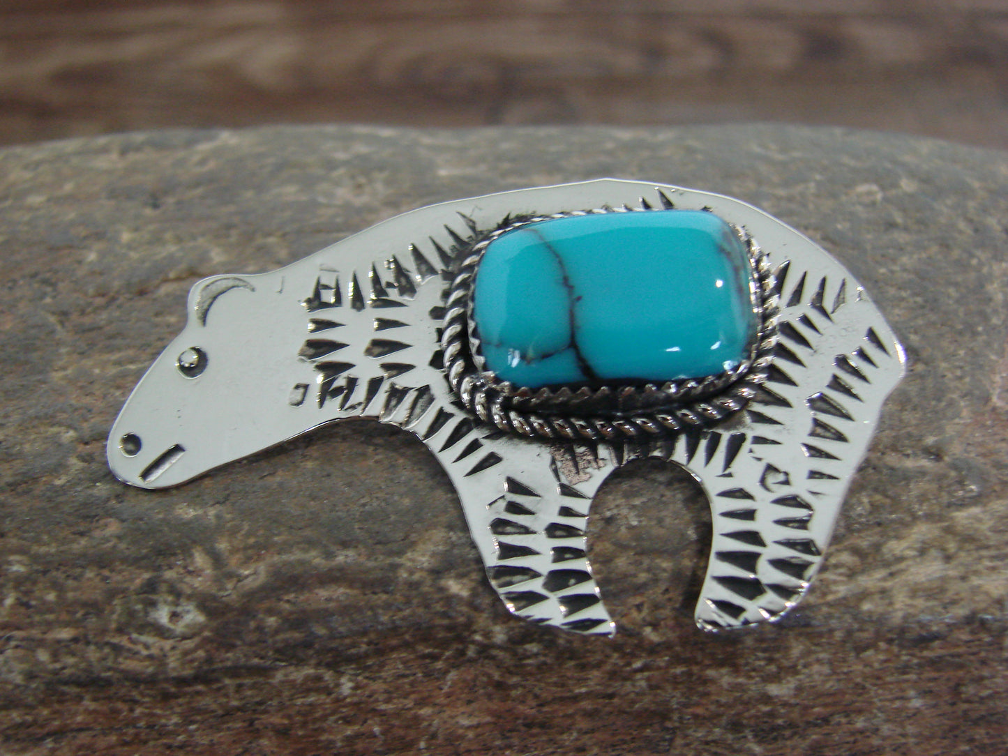 Native American Nickel Silver & Turquoise Bear Pin - Cleveland