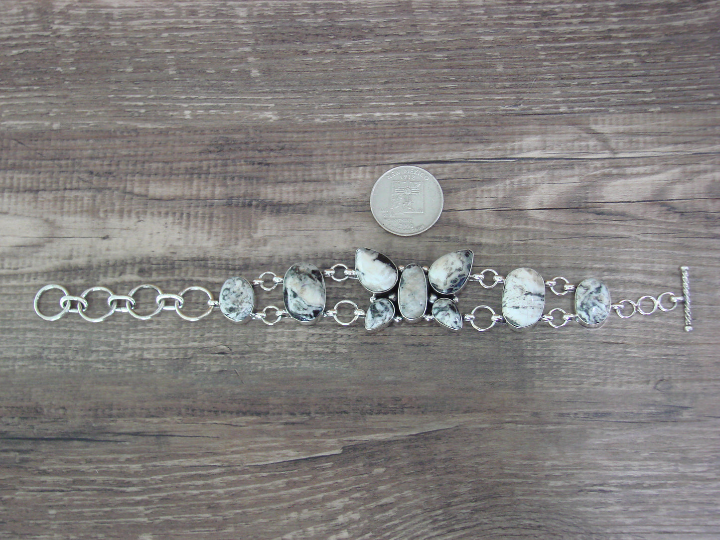 Native American Sterling Silver White Buffalo Turquoise Butterfly Link Bracelet -Cayaditto