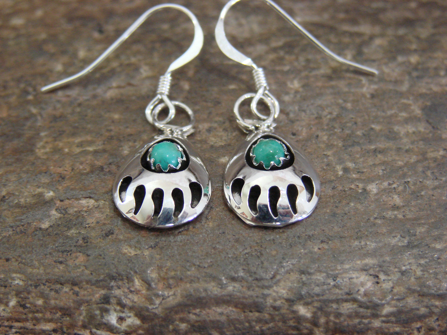 Native American Sterling Silver & Turquoise Bear Paw Dangle Earrings - Parker
