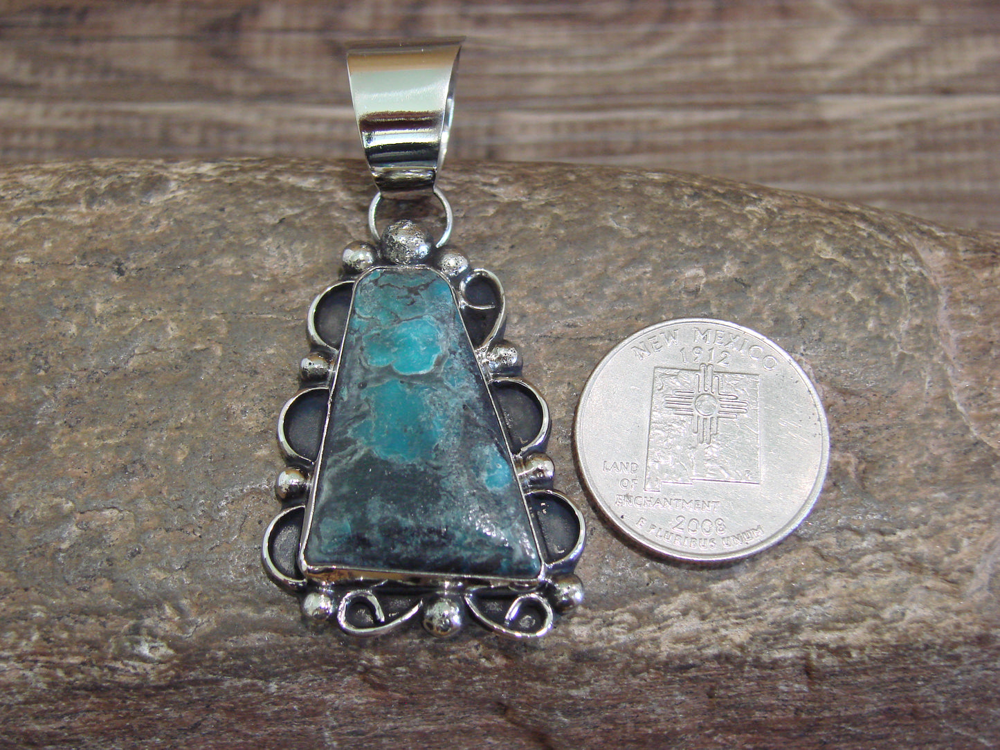 Native American Navajo Nickel Silver & Turquoise Pendant - Cleveland