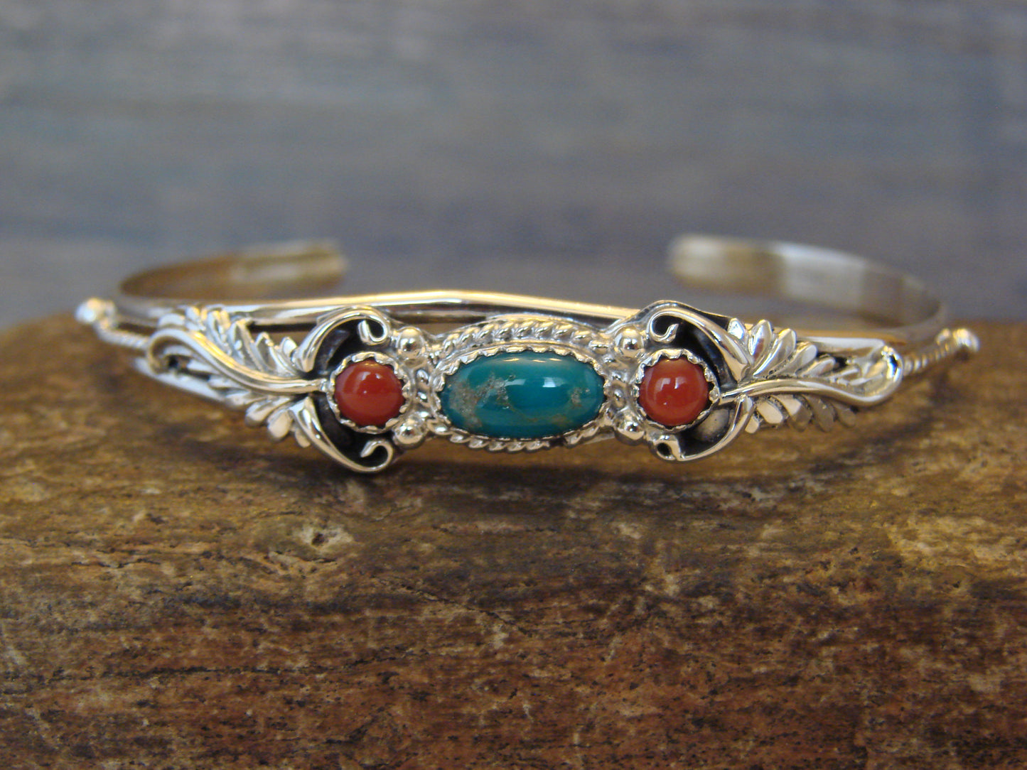 Native American Sterling Silver Turquoise & Coral Bracelet by Largo