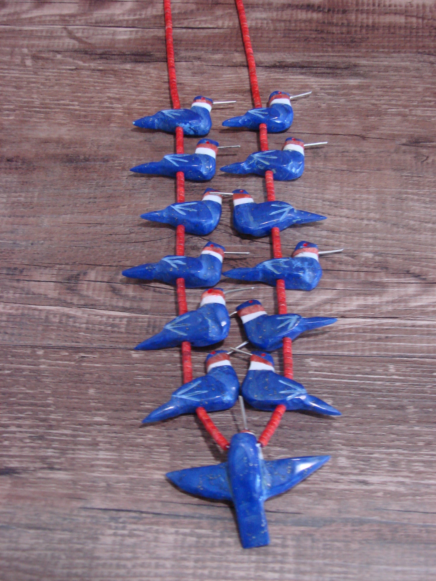 Hand Carved Lapis & Coral Hummingbird Fetish Necklace by Mitchell
