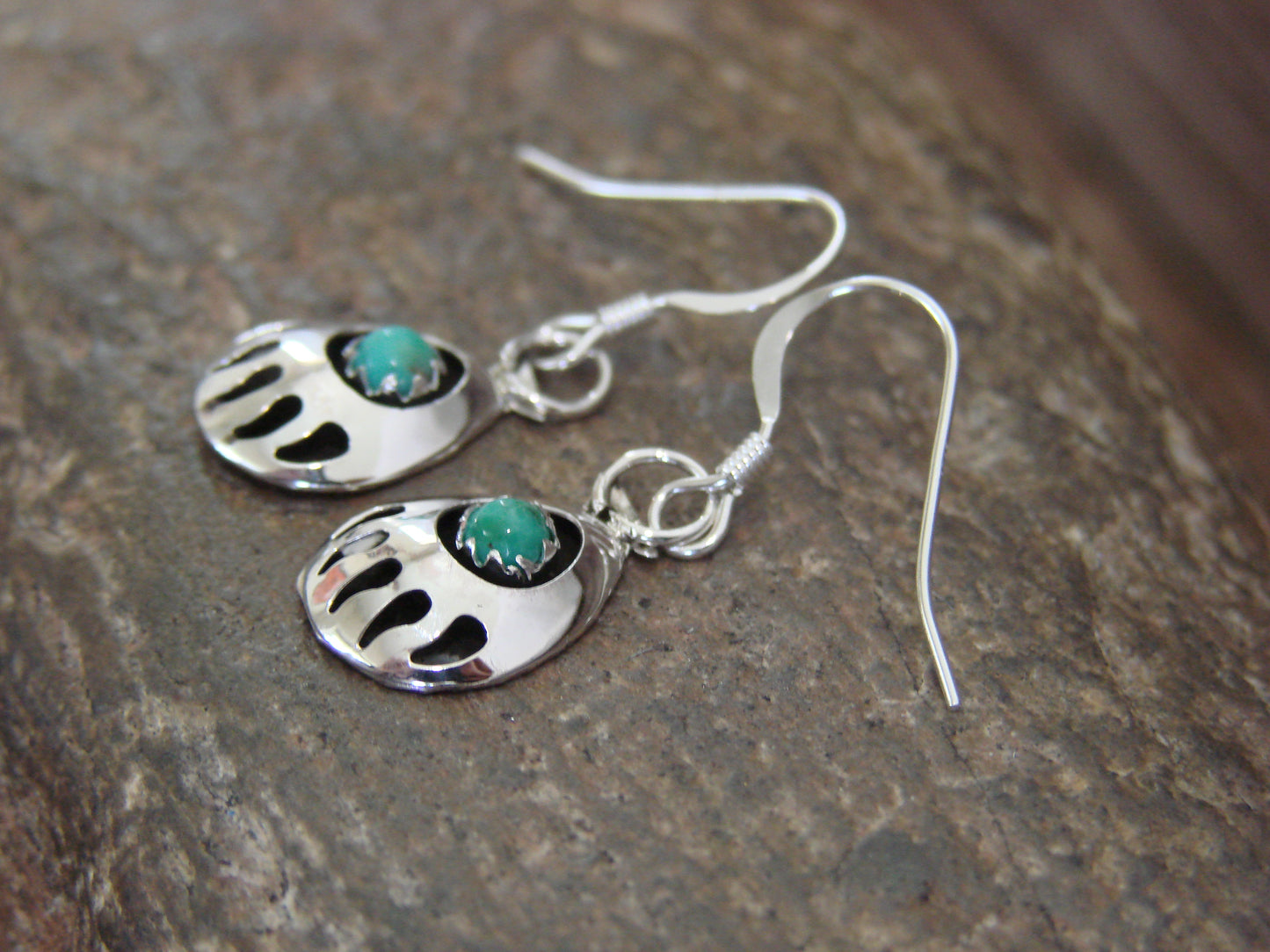 Native American Sterling Silver & Turquoise Bear Paw Dangle Earrings - Parker