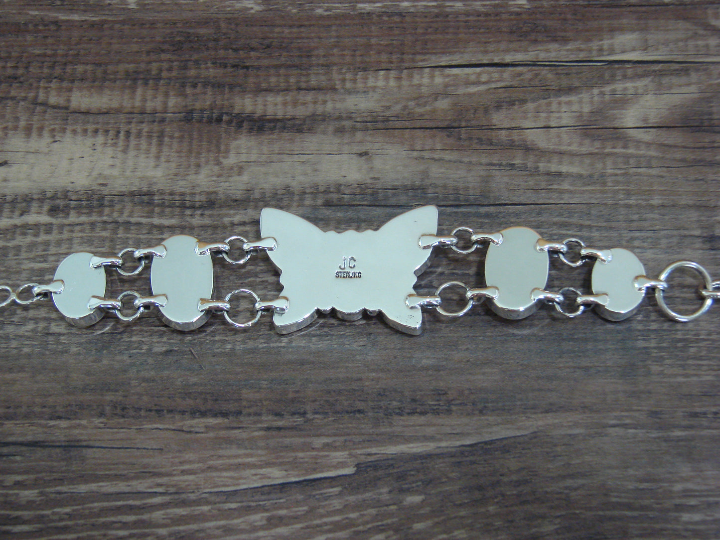 Native American Sterling Silver White Buffalo Turquoise Butterfly Link Bracelet -Cayaditto