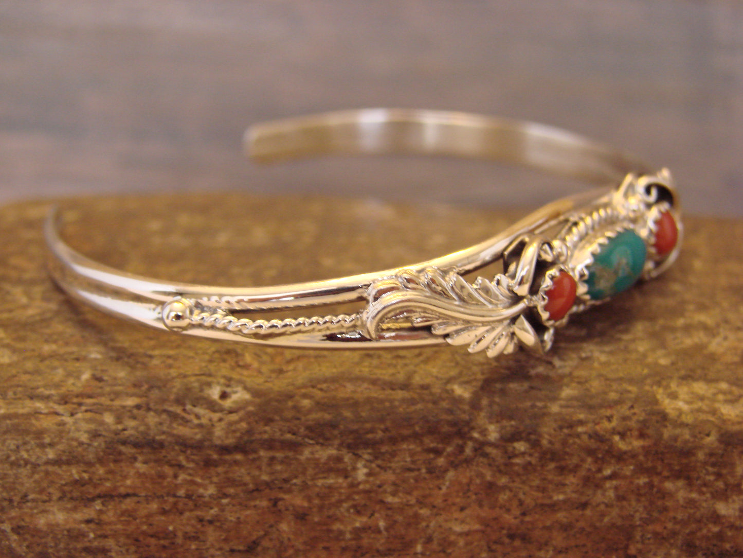 Native American Sterling Silver Turquoise & Coral Bracelet by Largo