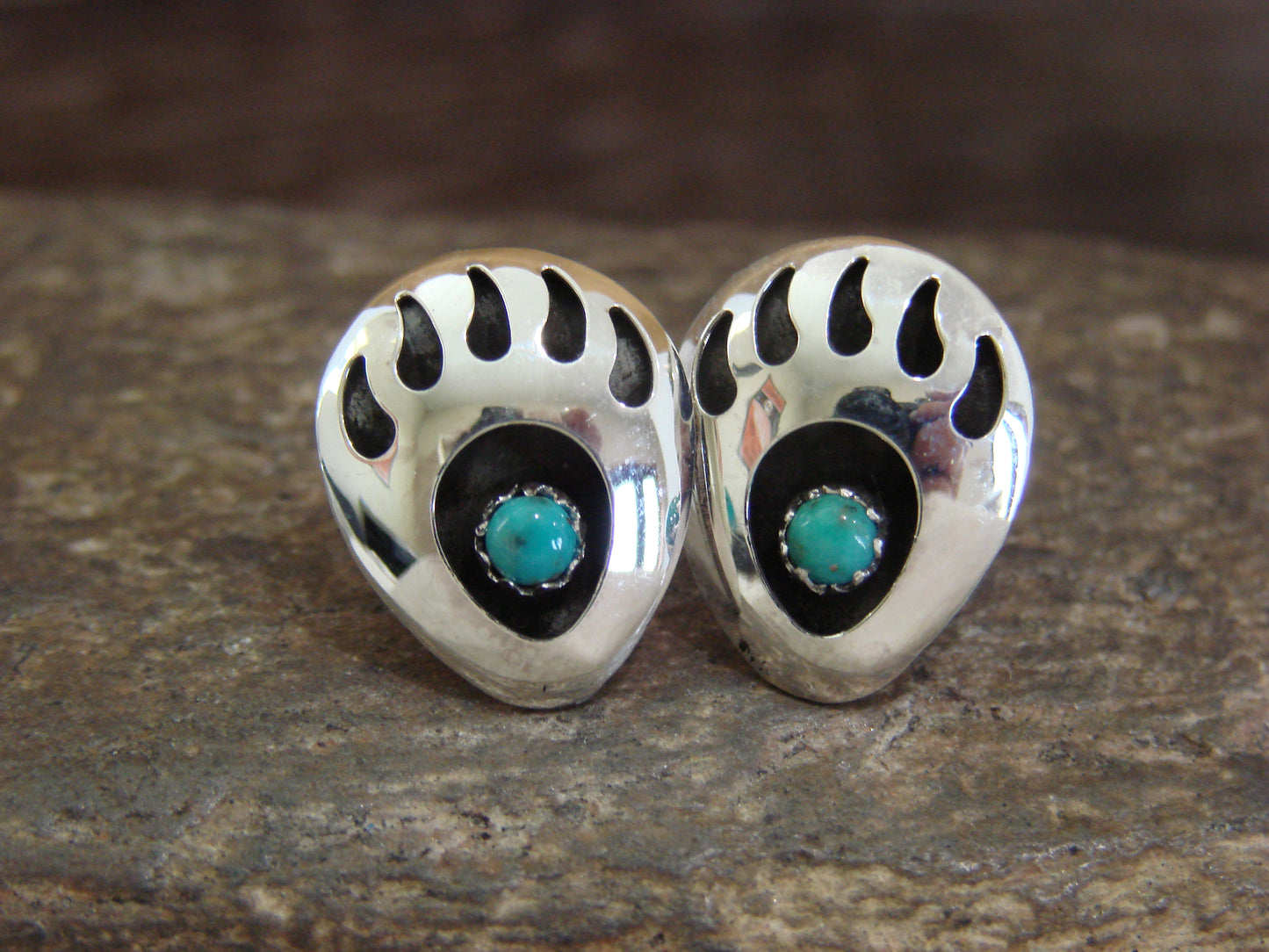 Native American Sterling Silver & Turquoise Bear Paw Stud Post Earrings