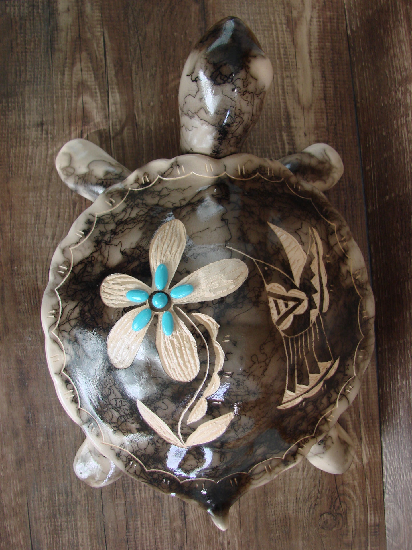 Large Navajo Pottery Horse Hair Turtle Jewelry Trinket Box by Vail