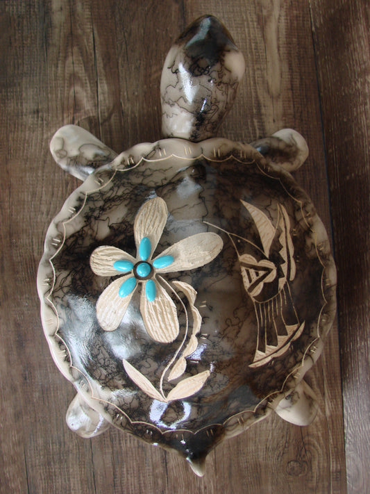 Large Navajo Pottery Horse Hair Turtle Jewelry Trinket Box by Vail