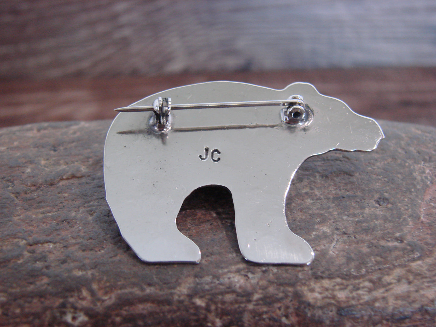 Native American Nickel Silver & Coral Bear Pin - Cleveland
