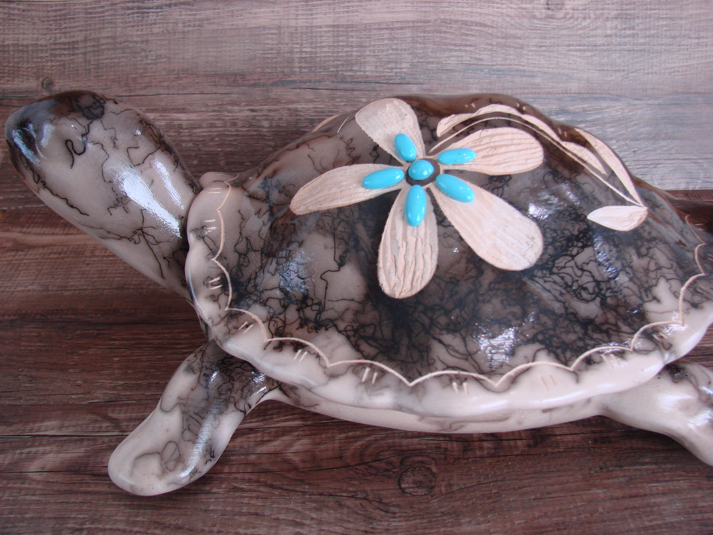 Large Navajo Pottery Horse Hair Turtle Jewelry Trinket Box by Vail