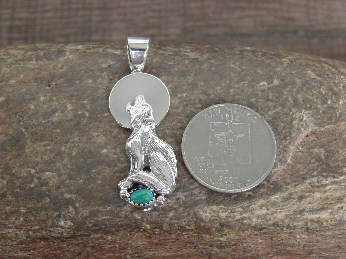 Native American Sterling Silver Turquoise Wolf Pendant by Yellowhair
