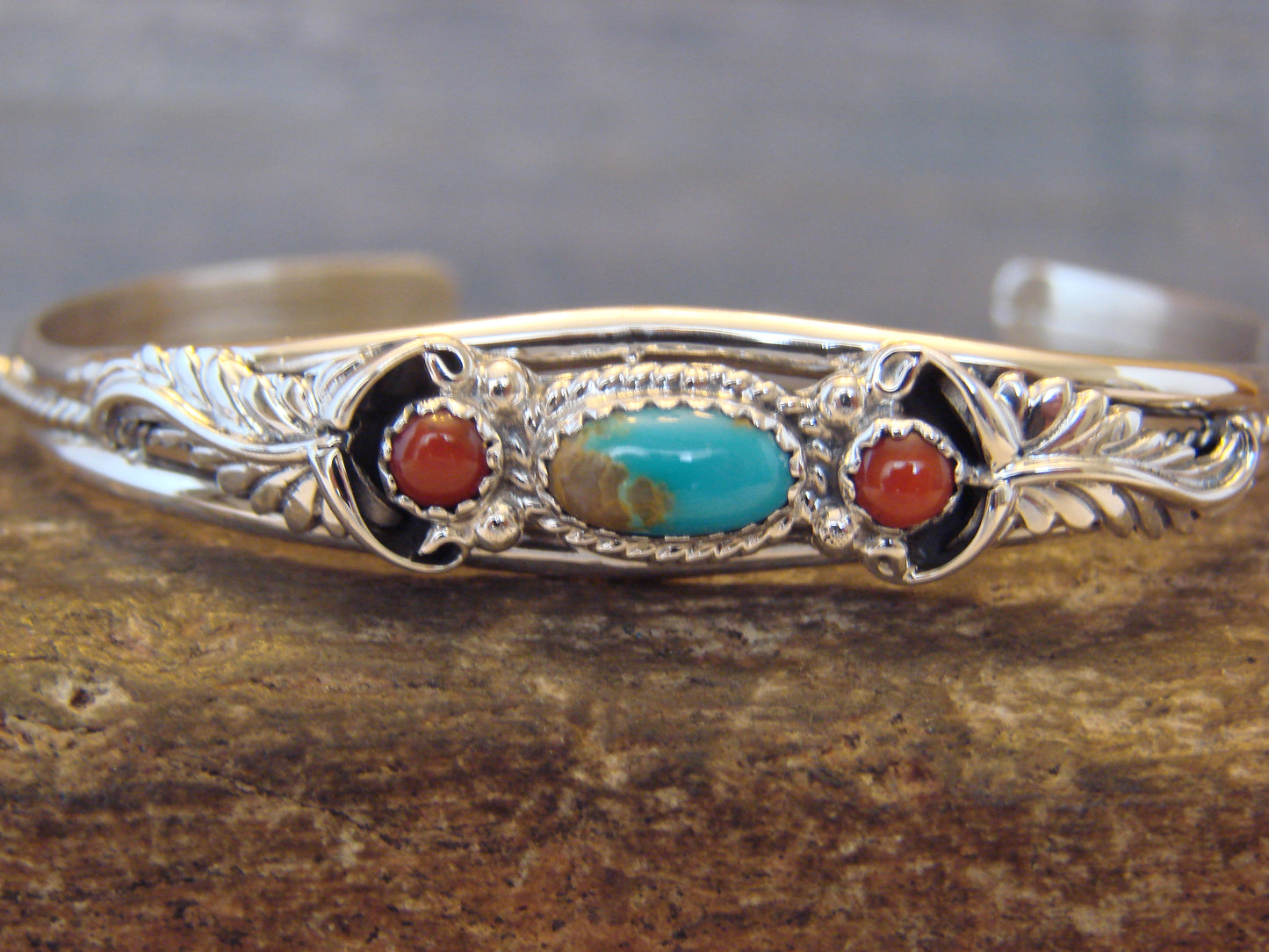Native American Sterling Silver Turquoise & Coral Bracelet by Largo