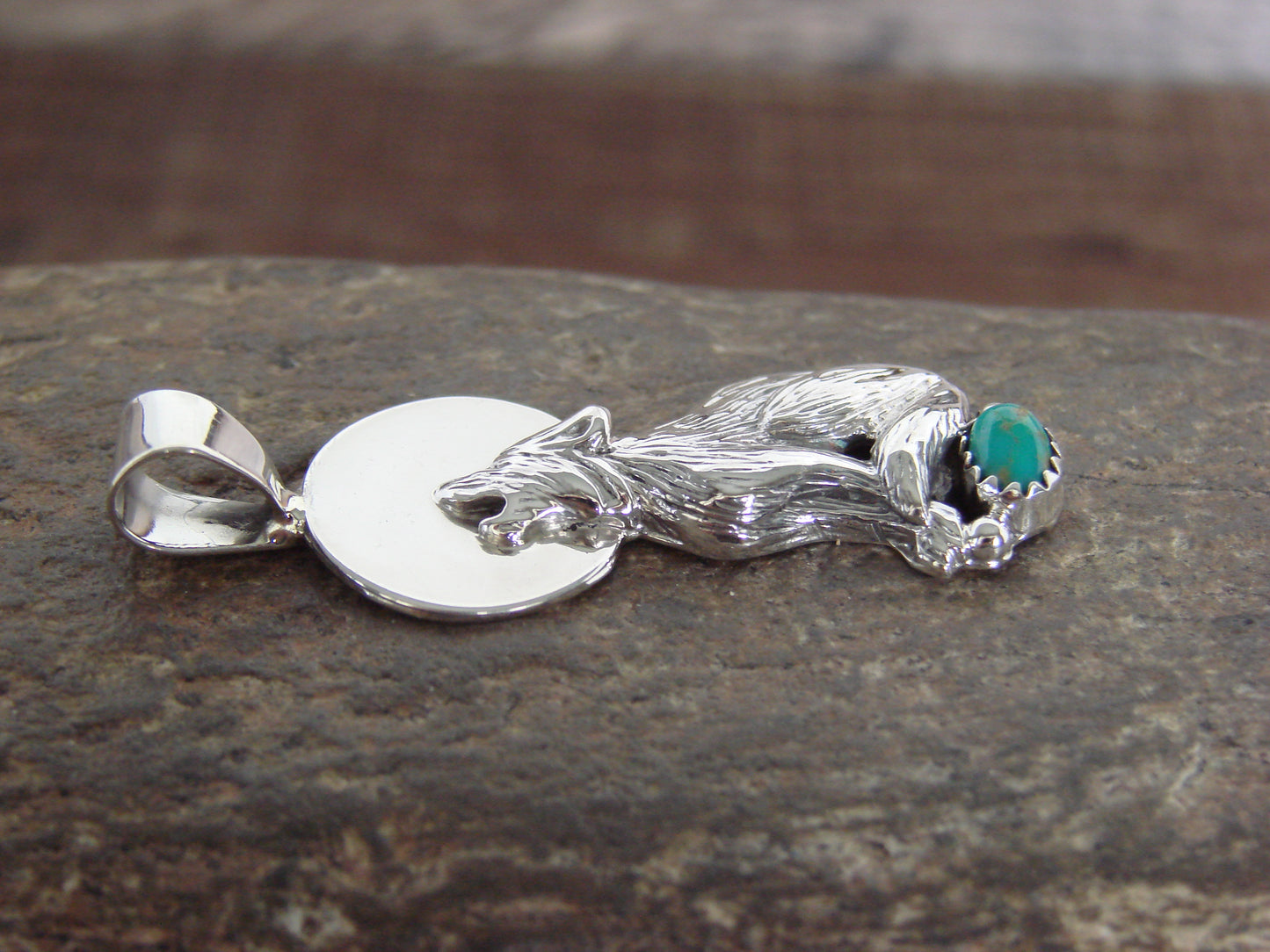 Native American Sterling Silver Turquoise Wolf Pendant by Yellowhair