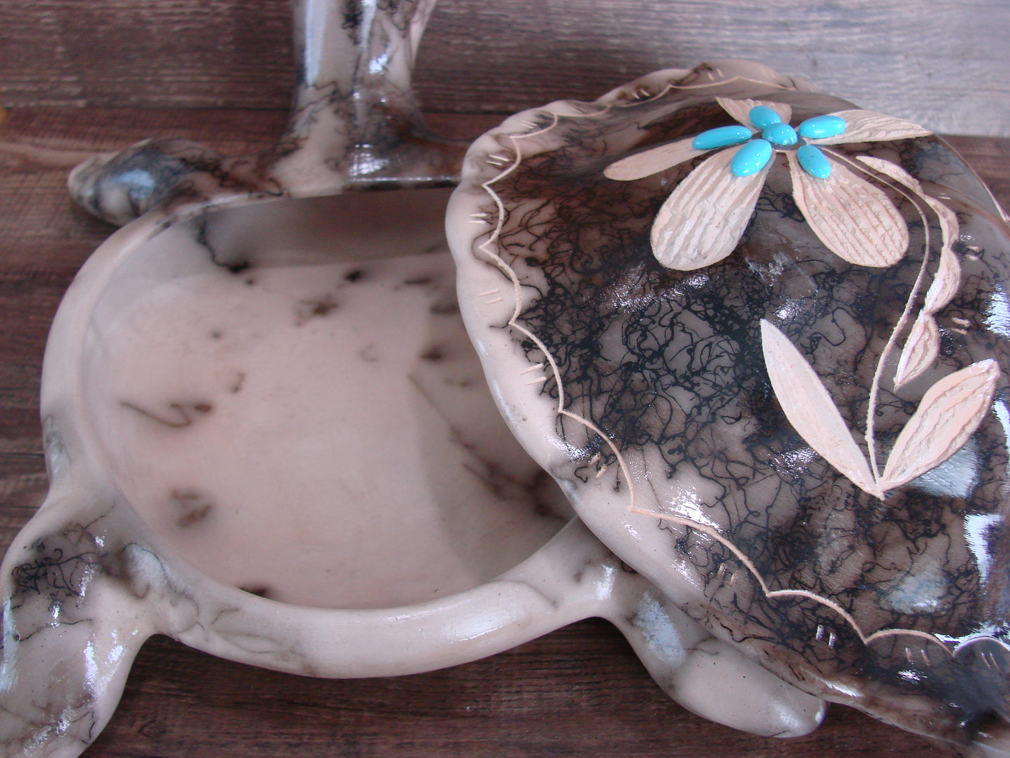 Large Navajo Pottery Horse Hair Turtle Jewelry Trinket Box by Vail