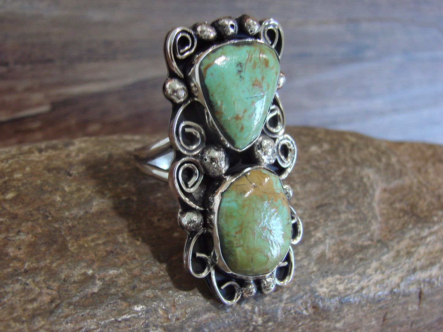 Native American Nickel Silver & Turquoise Ring by Cleveland - Size 12