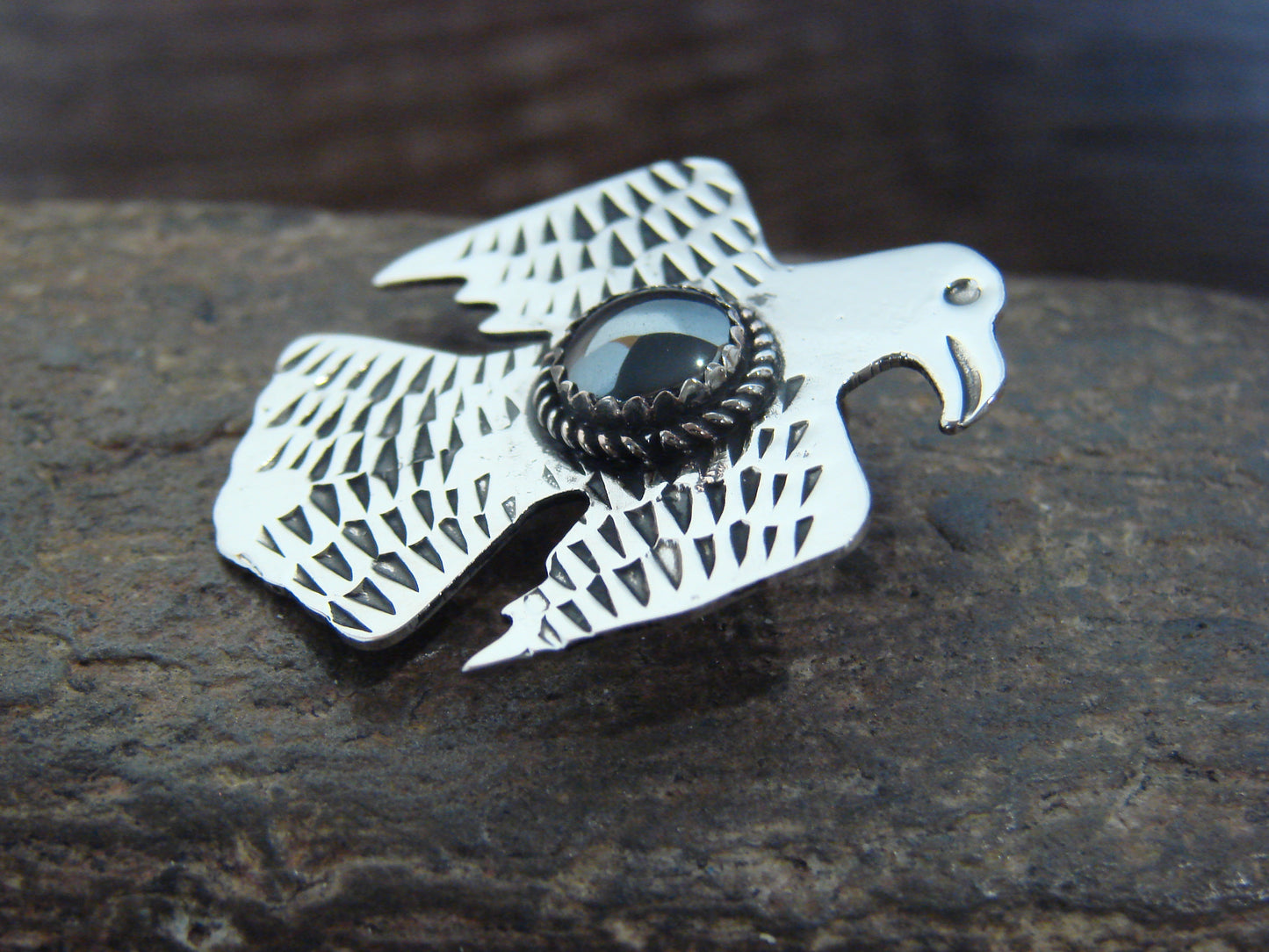 Native American Nickel Silver & Hematite Thunderbird Pendant - Cleveland