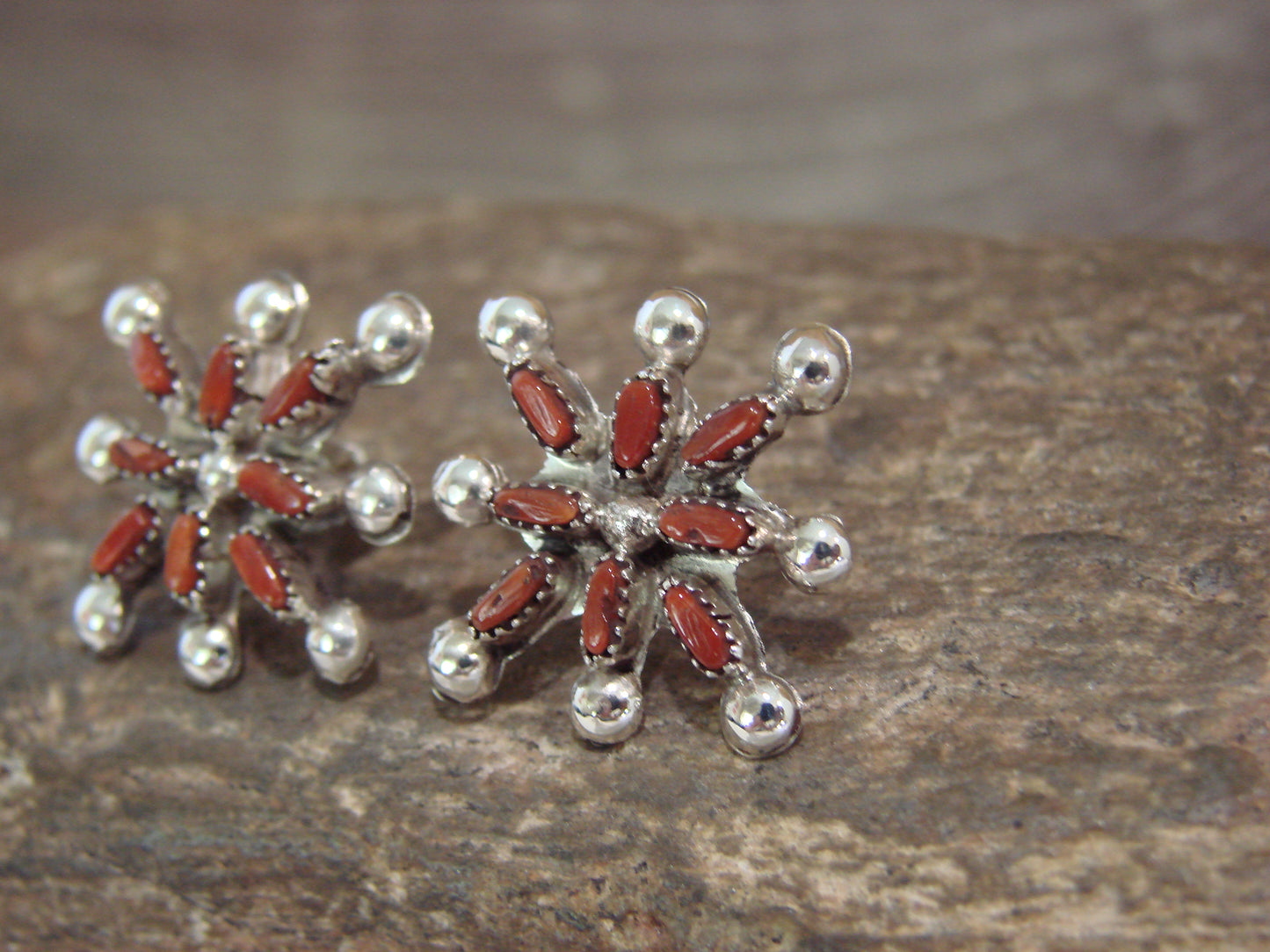 Native American Sterling Silver & Coral Cluster Post Earrings by Leekity