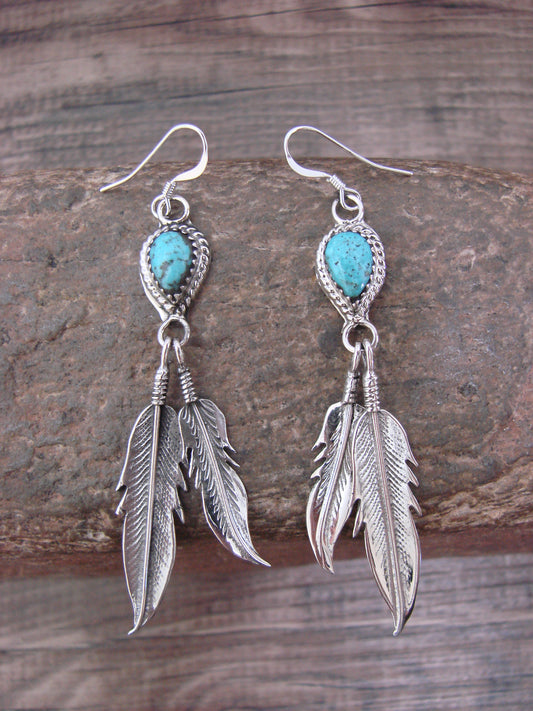 Native American Sterling Silver & Turquoise Feather Dangle Earrings by McCarthy