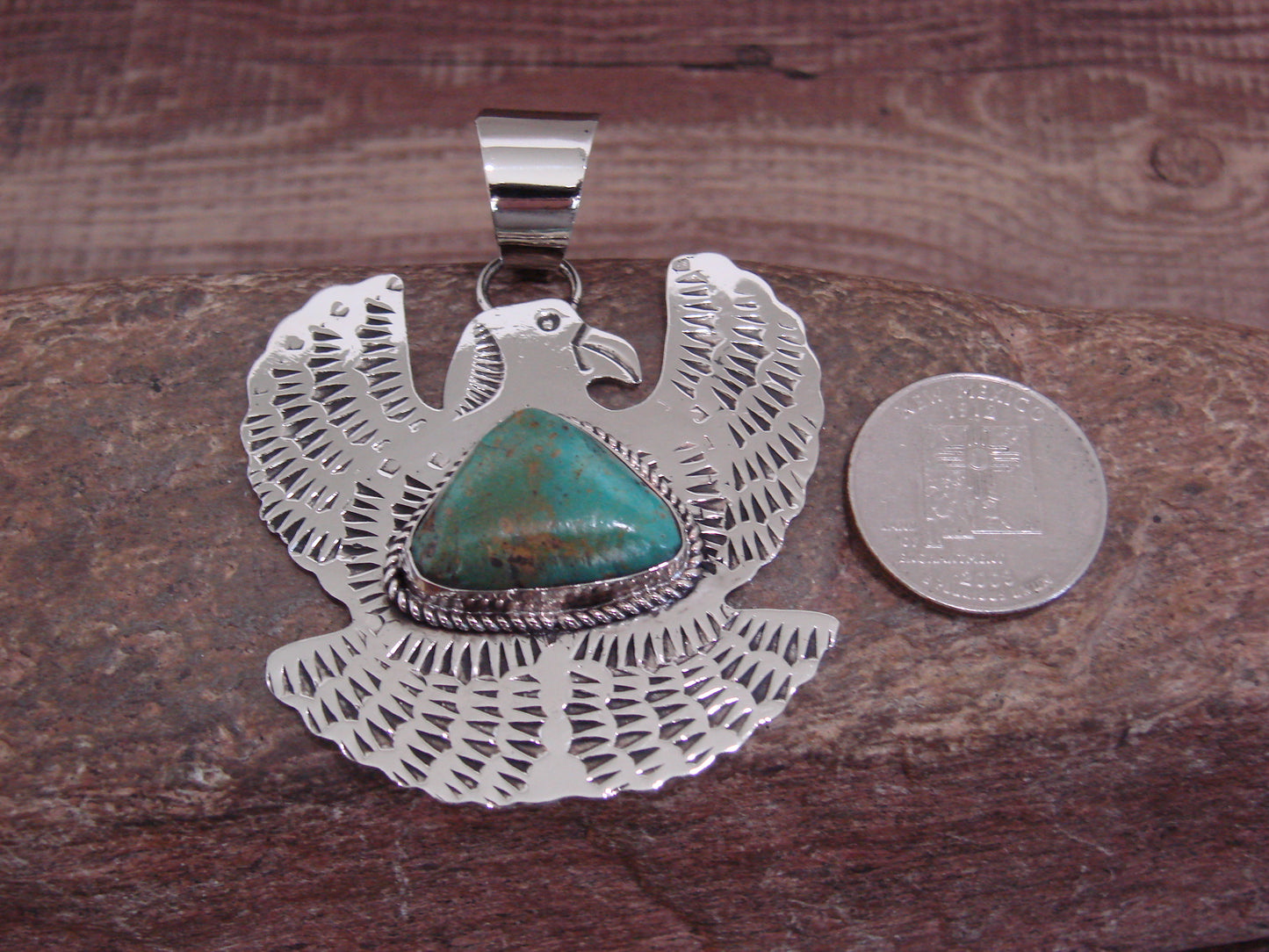 Native American Nickel Silver & Turquoise Eagle Pendant - Cleveland
