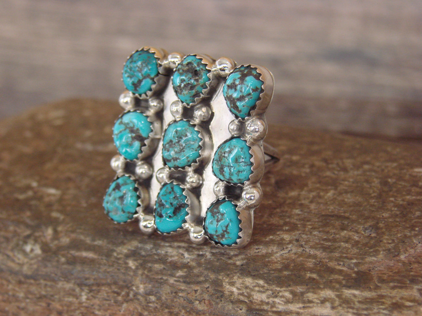 Native American Sterling Silver & Turquoise Cluster Ring - Begay - Size 7.5