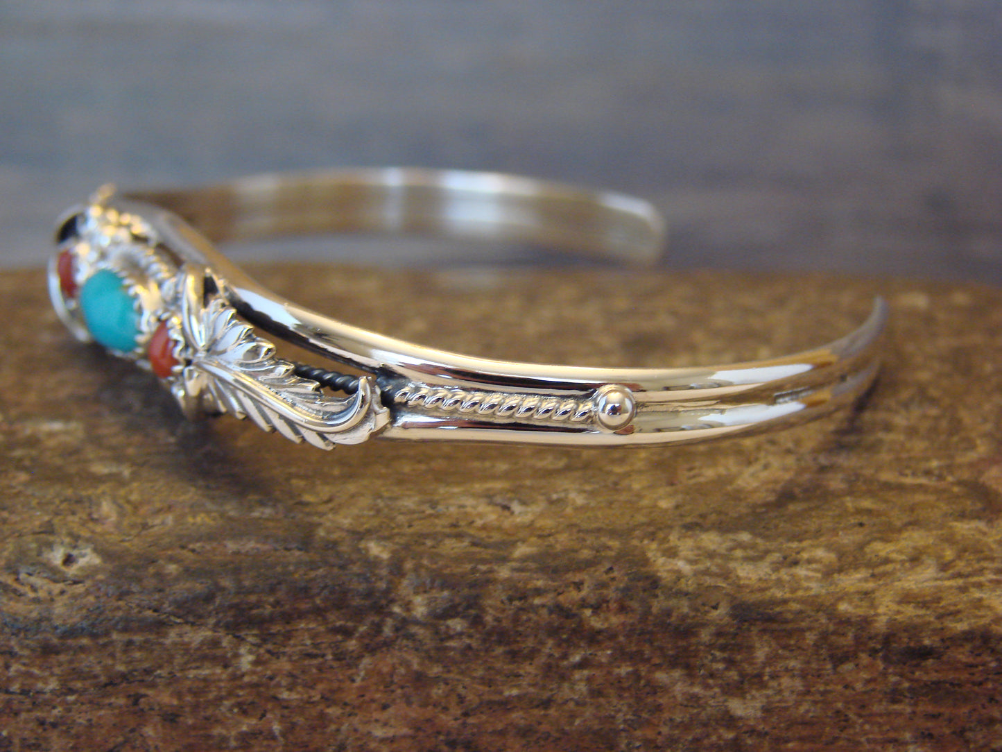 Native American Sterling Silver Turquoise & Coral Bracelet by Largo
