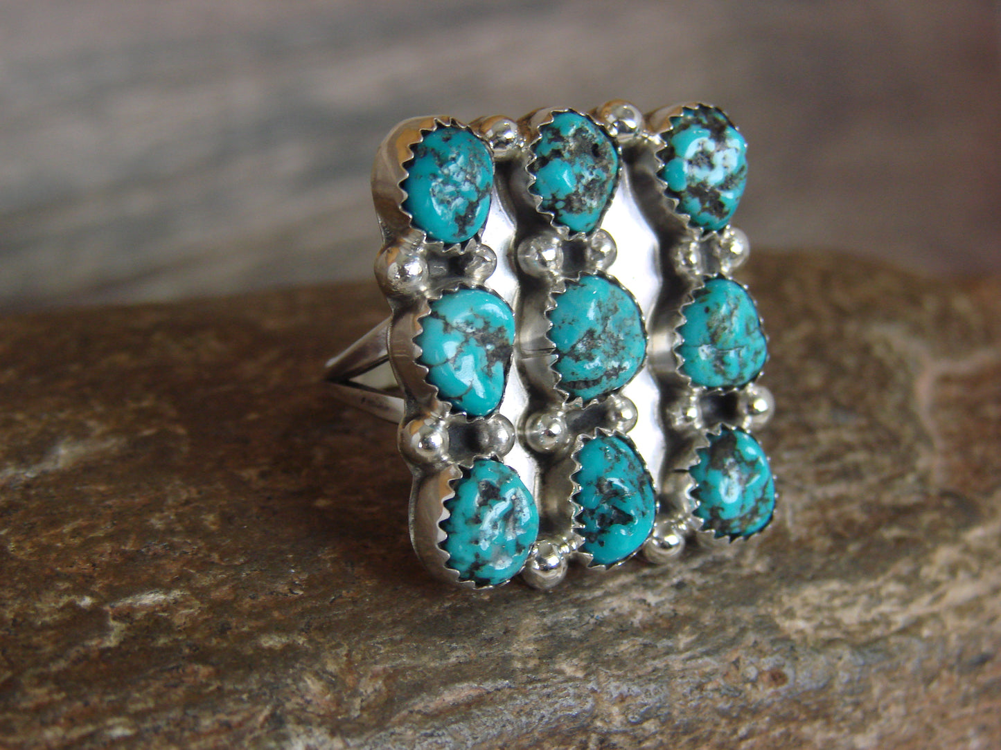 Native American Sterling Silver & Turquoise Cluster Ring - Begay - Size 7.5