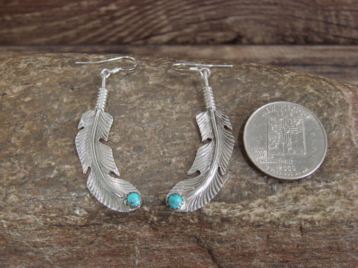 Native American Sterling Silver Feather & Turquoise Dangle Earrings - Joe