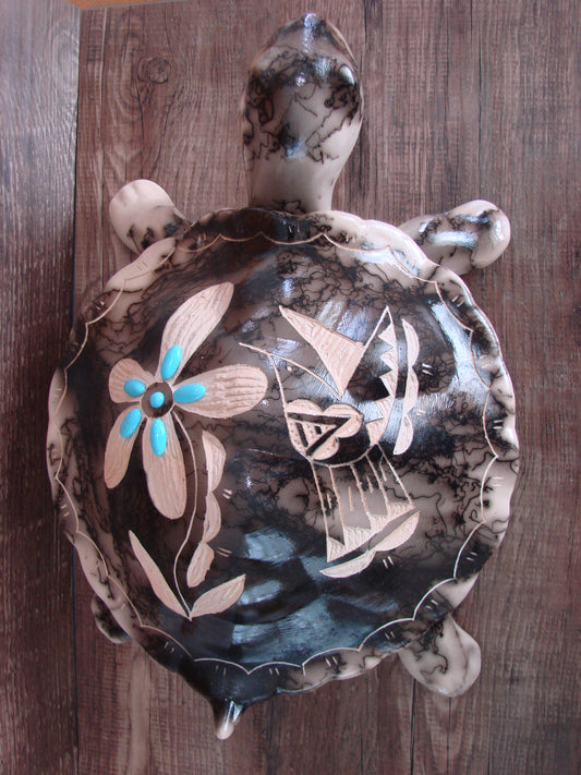 Large Navajo Pottery Horse Hair Turtle Jewelry Trinket Box by Vail