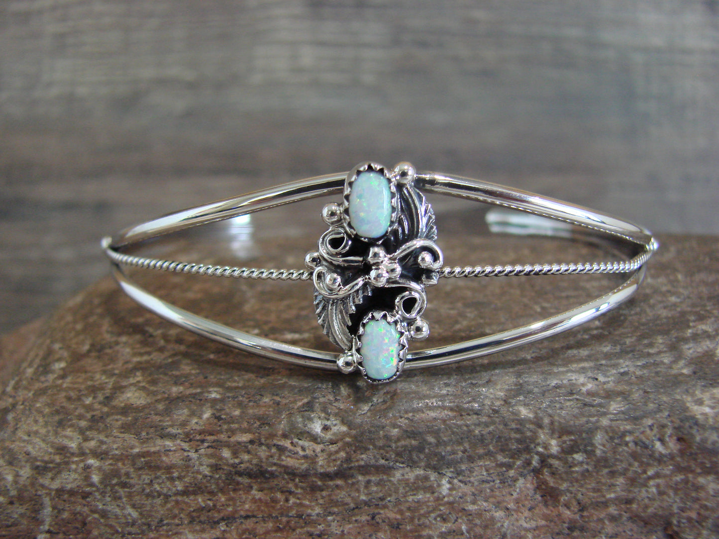 Native American Sterling Silver White Opal Feather Bracelet by Largo